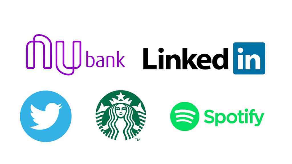 Marcas:
Nubank
Linkedin
Twitter
Starbucks
Spotify


